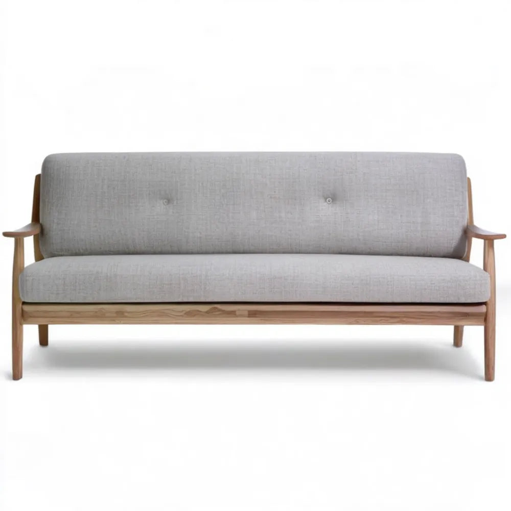 Trzyosobowa sofa skandynawska z litego drewna i poliestru, jasnoszara/naturalny brąz, 180 x 78 x 82 cm
