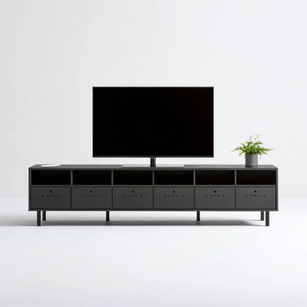 Czarna metalowa szafka RTV 180 x 40 x 55 cm z 6 szufladami i 6 otwartymi wnękami