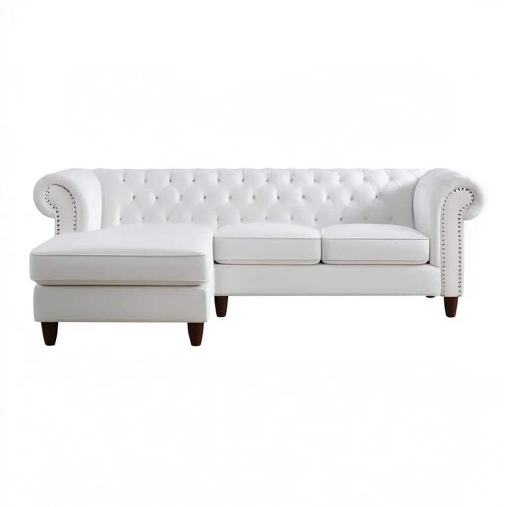 Biała lewostronna sofa narożna Chesterfield z szezlongiem, tapicerka PVC, 260 × 160 × 75 cm