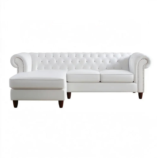 Biała lewostronna sofa narożna Chesterfield z szezlongiem, tapicerka PVC, 260 × 160 × 75 cm