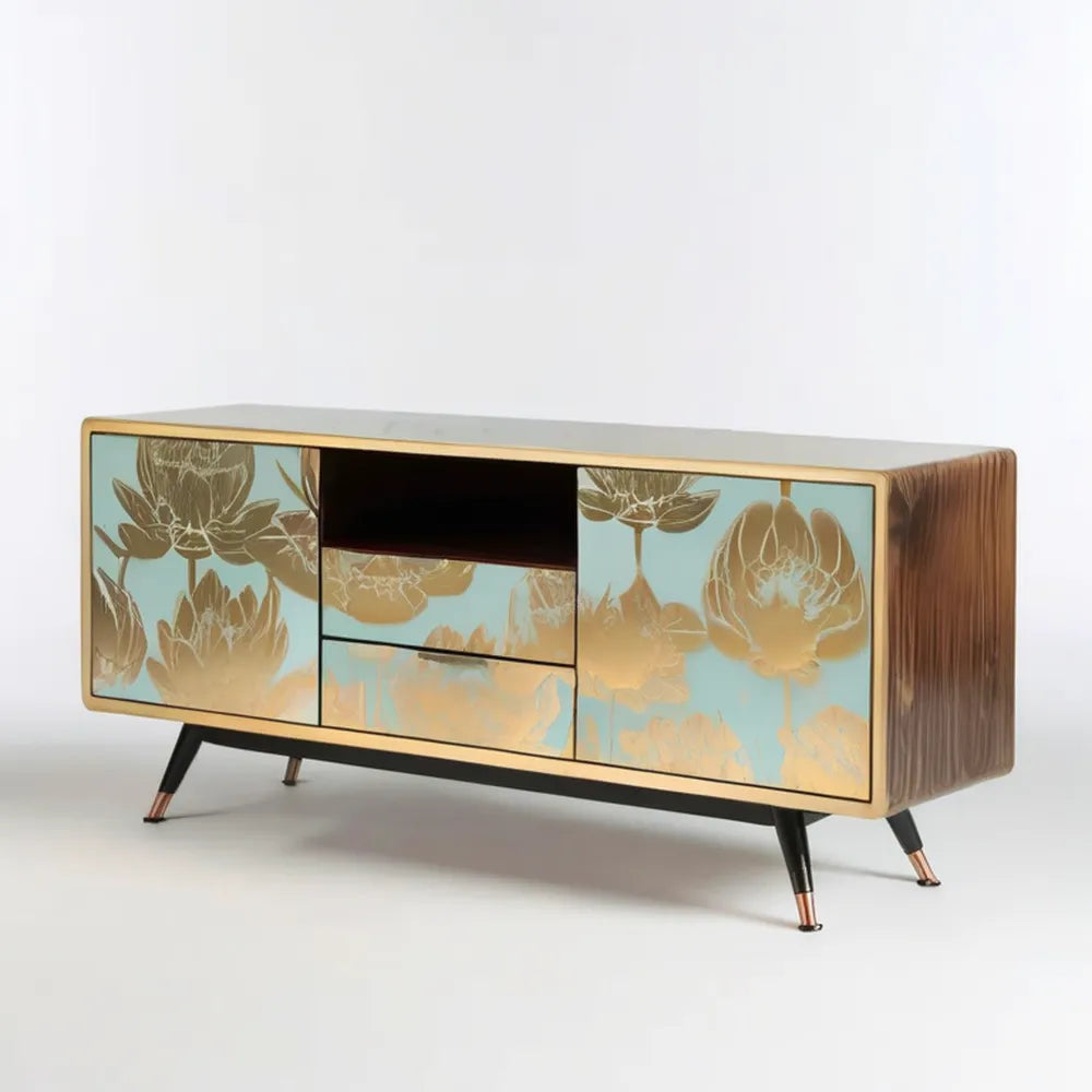 Szafka RTV glamour retro z lustrzanymi frontami w kwiaty, orzechowa, 160 × 40 × 75 cm