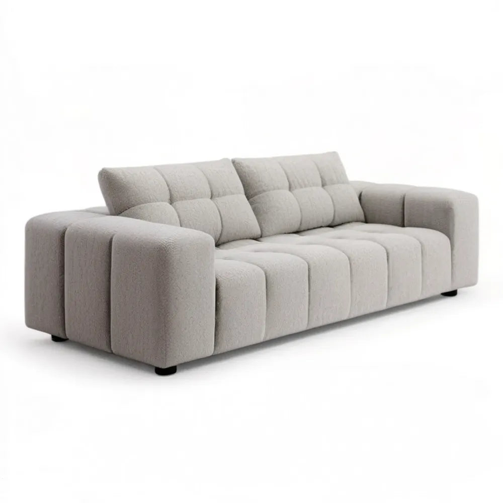 Jasnoszara sofa trzyosobowa bouclé z czarnymi nóżkami, 230 x 100 x 85 cm