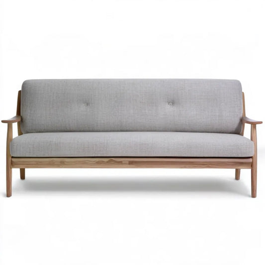 Trzyosobowa sofa skandynawska z litego drewna i poliestru, jasnoszara/naturalny brąz, 180 x 78 x 82 cm