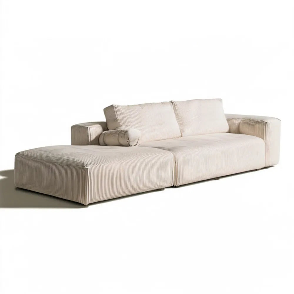 Kremowa sofa modułowa z lewostronnym szezlongiem, prążkowana tapicerka poliestrowa, 280 × 165 × 80 cm