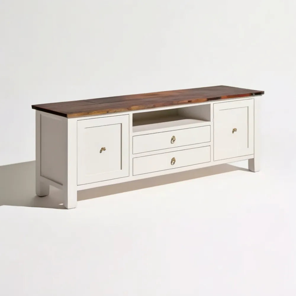 Szafka RTV z litego drewna sosnowego i MDF, kremowo-ciemnobrązowa, 150 x 40 x 55 cm