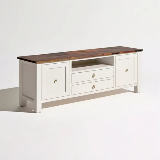 Szafka RTV z litego drewna sosnowego i MDF, kremowo-ciemnobrązowa, 150 x 40 x 55 cm