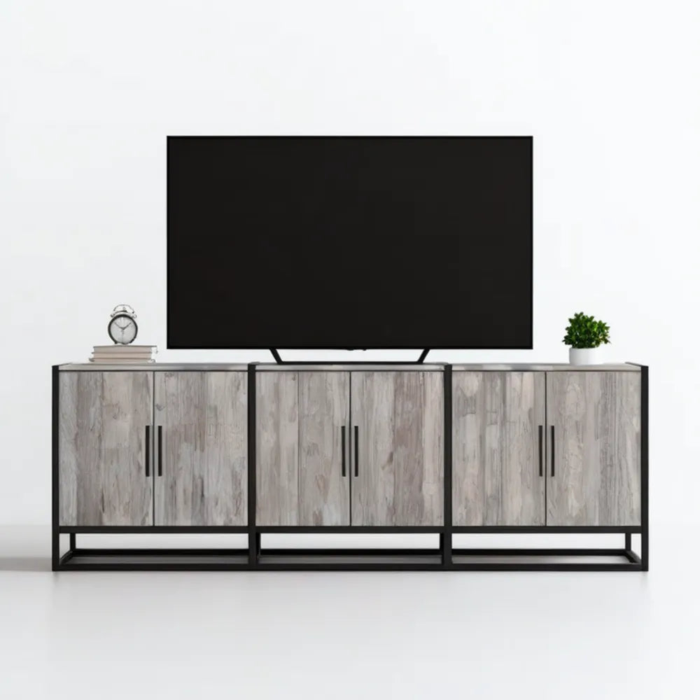 Szafka RTV 180 x 40 x 60 cm w dekorze szarego dębu z czarnym stalowym stelażem