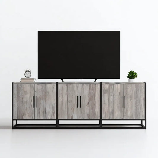 Szafka RTV 180 x 40 x 60 cm w dekorze szarego dębu z czarnym stalowym stelażem