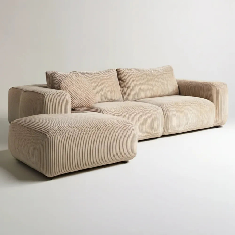 Beżowa sofa 3-osobowa ze sztruksowym obiciem i podnóżkiem 250 × 100 × 78 cm