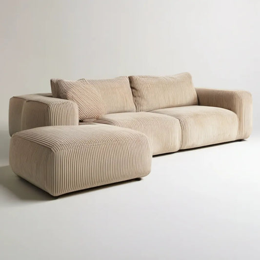 Beżowa sofa 3-osobowa ze sztruksowym obiciem i podnóżkiem 250 × 100 × 78 cm