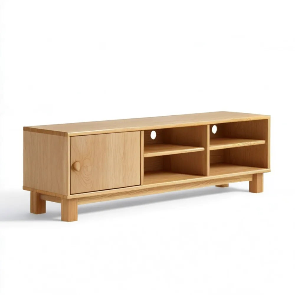 Dębowa szafka RTV w kolorze naturalnego dębu, 180 × 40 × 55 cm, 1 drzwi i 4 otwarte półki