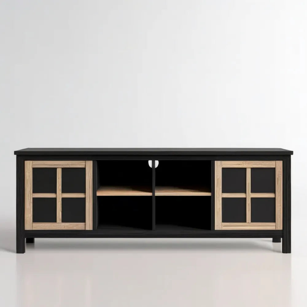Szafka RTV 160 x 40 x 55 cm czarna z frontami w kolorze naturalnego jasnego brązu