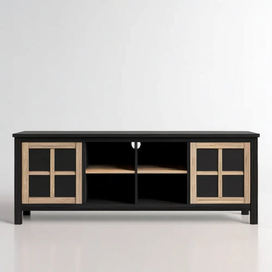 Szafka RTV 160 x 40 x 55 cm czarna z frontami w kolorze naturalnego jasnego brązu