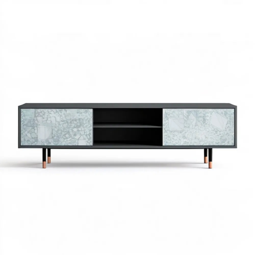 Szafka RTV z MDF 180 x 40 x 55 cm czarna z frontami terrazzo
