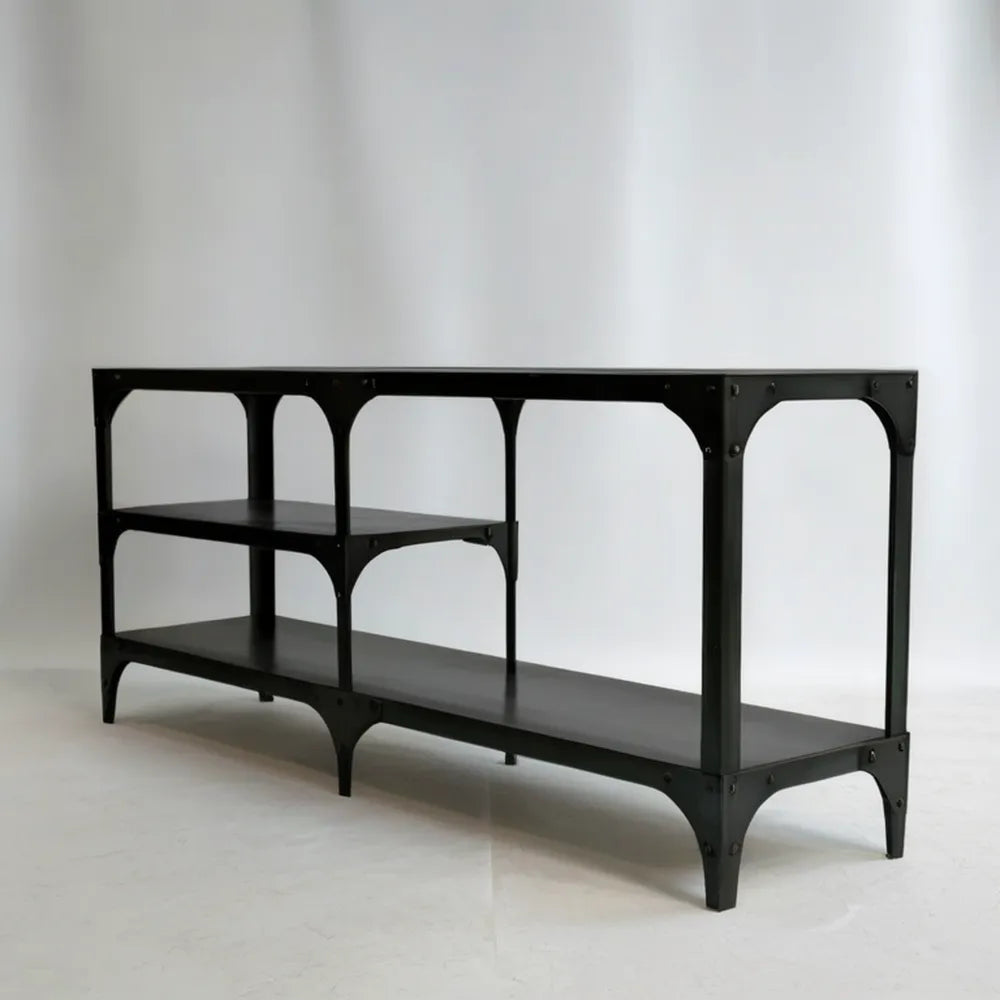 Czarna konsola industrialna ze stali, 3 poziomy, 180 x 40 x 90 cm