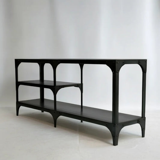 Czarna konsola industrialna ze stali, 3 poziomy, 180 x 40 x 90 cm